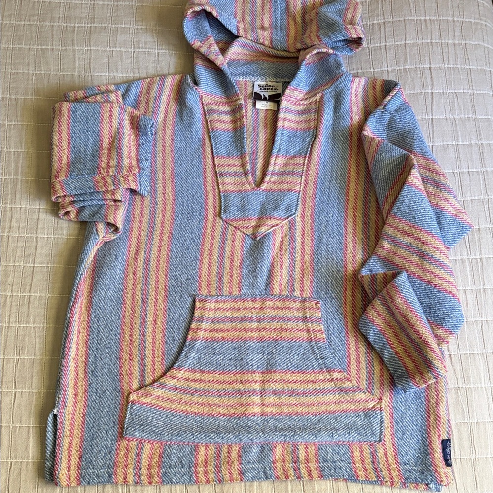Señor Lopez Striped Hooded Baja Pullover in Blue, Pink & Yellow; cozy and cute